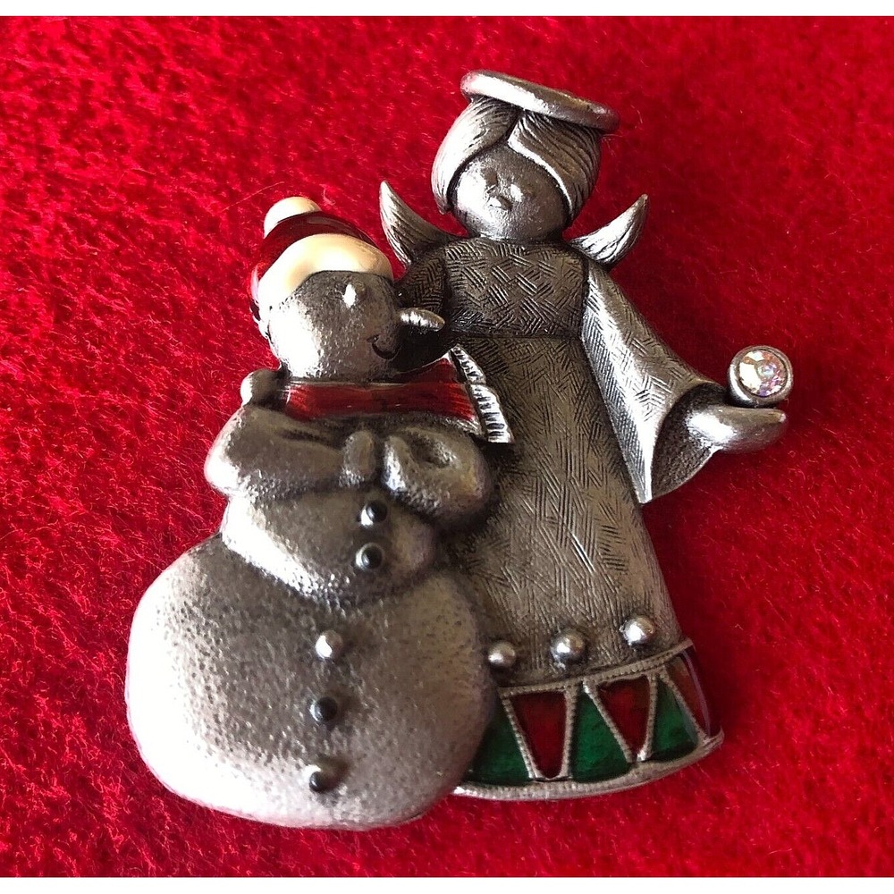 Signed AS Vintage Pewter Finish Enamel Angel Snowman Christmas Pin Brooch Nice!
